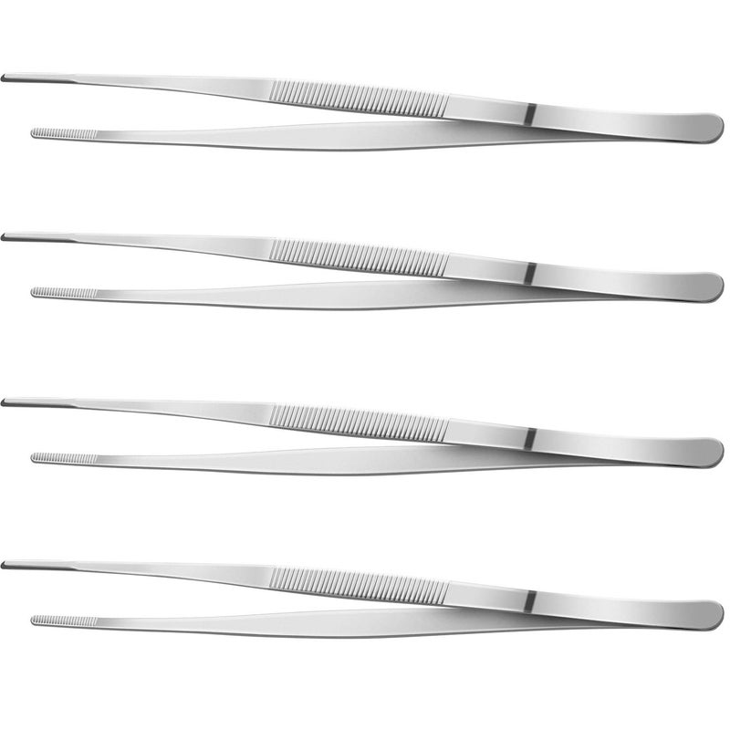 Yaomiao 4 Packs 12 Inch Bar Tweezers Silver Cocktail Tongs Long Garnish Tweezers Stainless Steel Bartender Kitchen Cooking Tongs for Cocktail Food Fruit Korean BBQ Bartender Chef, Multi-use - Image 1